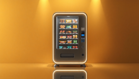 3D render of a modern vending machine on a golden gradient background with soft glow and reflection.