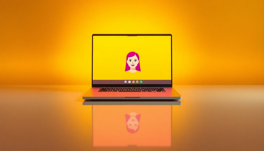 3D render of a laptop showing a chat with a female avatar on a golden gradient background with glow and reflection.