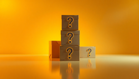 3D render of stacked cardboard boxes with question marks on a golden gradient background with glow and reflection.