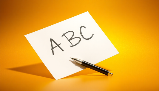 3D render of a sheet of paper with handwritten ABC letters and a pen on a golden gradient background with glow.