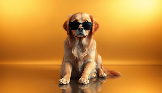 3D render of a dog wearing sunglasses posing on a golden gradient background with glow and reflective surface.