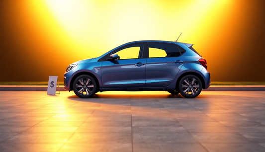 3D render of a blue-gray car parked on a driveway with a dollar sign on a golden gradient background with glow.