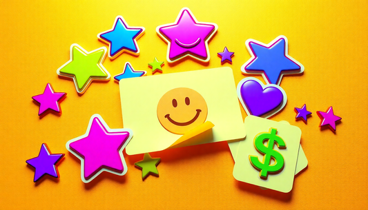 3D render of colorful sticker sheets with stars, hearts, and smiley faces on a golden gradient background with glow.