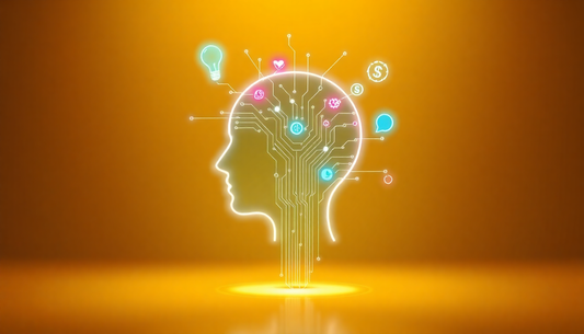 3D render of a glowing human head silhouette with digital AI icons on a golden gradient background with glow.