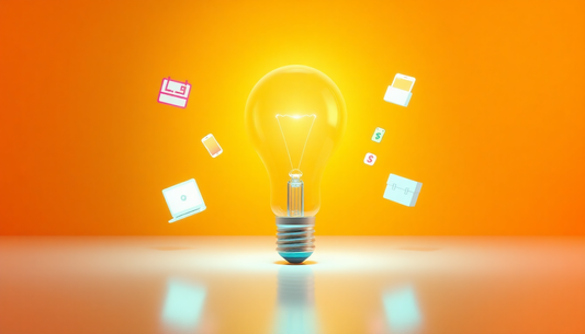 3D render of a glowing lightbulb with floating icons around it on a golden gradient background with glow and reflection.