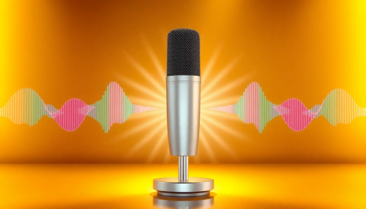 3D render of a glowing studio microphone with digital soundwave arcs on a golden gradient background.