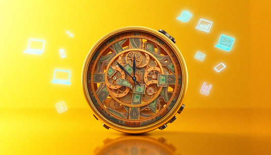 3D render of a golden clock with digital hologram icons, symbolizing time management and why most side hustles fail without consistency.