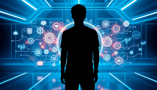 Silhouette of a person standing in front of glowing futuristic screens with gears and digital icons, symbolizing AI side hustles and technology opportunities in 2025.