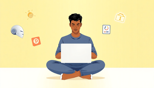 Person sitting cross-legged with a laptop surrounded by icons of AI, money, and digital tools, representing unique side hustles 2025.